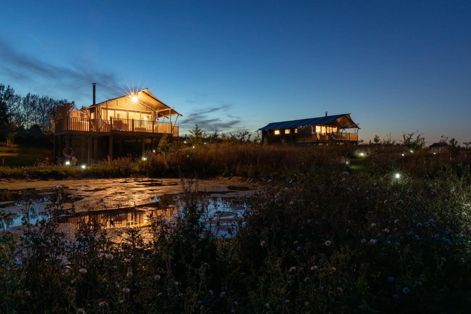 A twilight scene features two illuminated safari tents on elevated platforms, perfect for winter glamping in the UK, surrounded by nature. A pond with calm water reflects the warm lights from the safari tents, and a darkening blue sky is visible in the background, enhancing the serene ambiance.