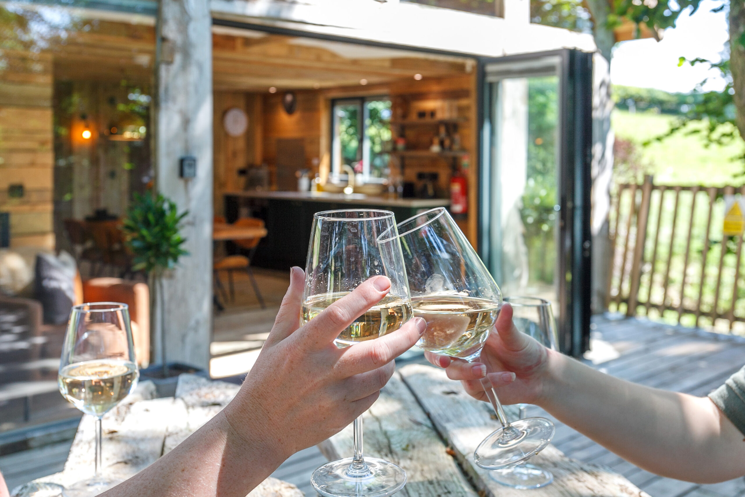 Three people clink wine glasses at an outdoor table made of wood, celebrating a moment together. In the background, a modern wooden cabin with large windows exudes warmth and invites adventure with its visible greenery and bright sunlight—a perfect snapshot for any travel blog like ToWander.