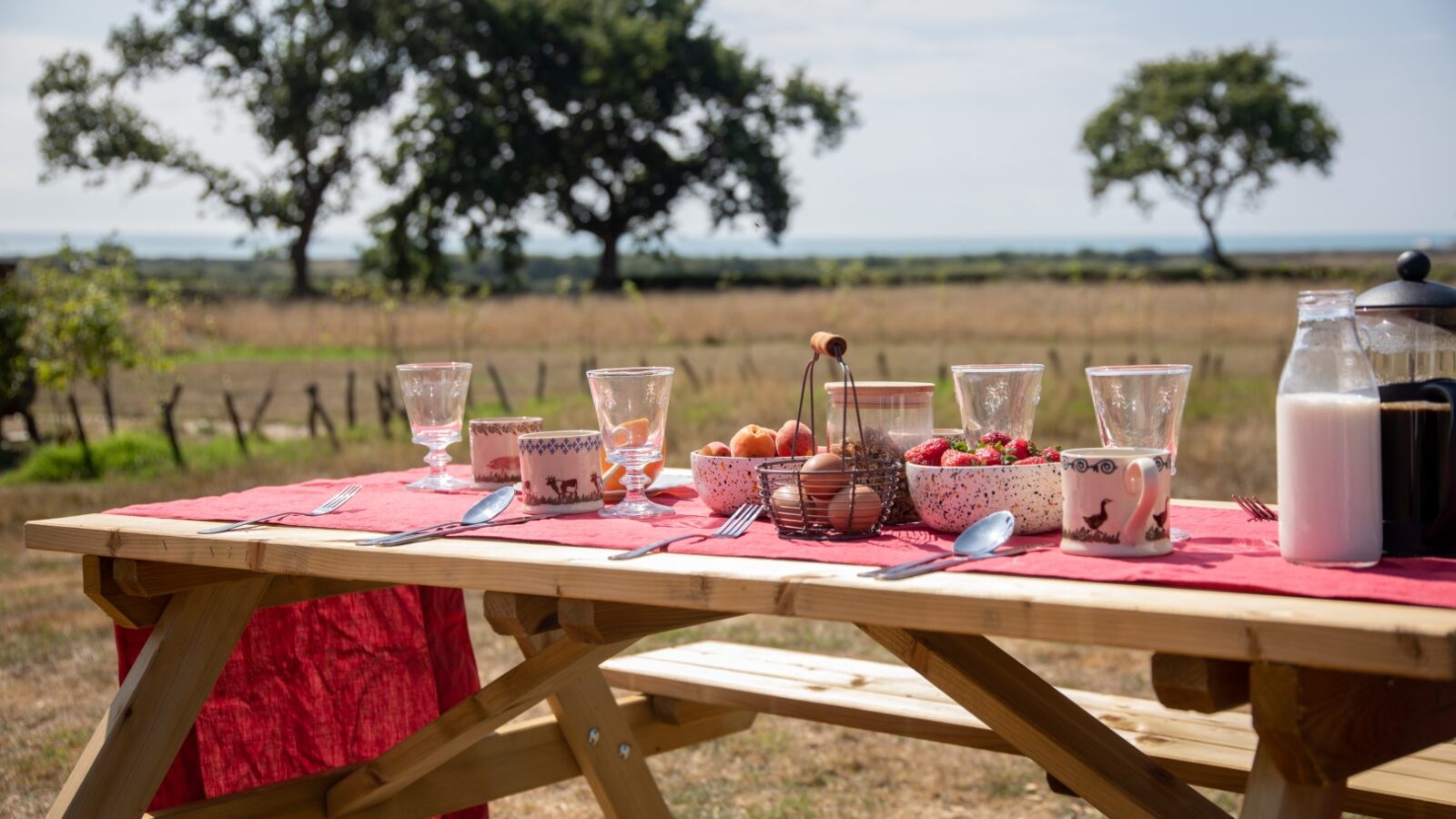 A wooden picnic table in a rural setting is set with cups, a milk jug, a French press, bowls of strawberries and eggs, utensils, and glasses on a red table runner. This glamping scene overlooks fields and distant trees under a bright sky.