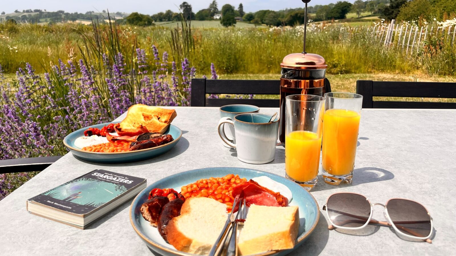 Two plates of breakfast on a patio table at the Eco Cabin, each with toast, baked beans, bacon, sausage, and tomatoes. The table also has a French press coffee pot, two mugs, two glasses of orange juice, a book, and sunglasses. The background features a scenic green field under the bright morning sun.