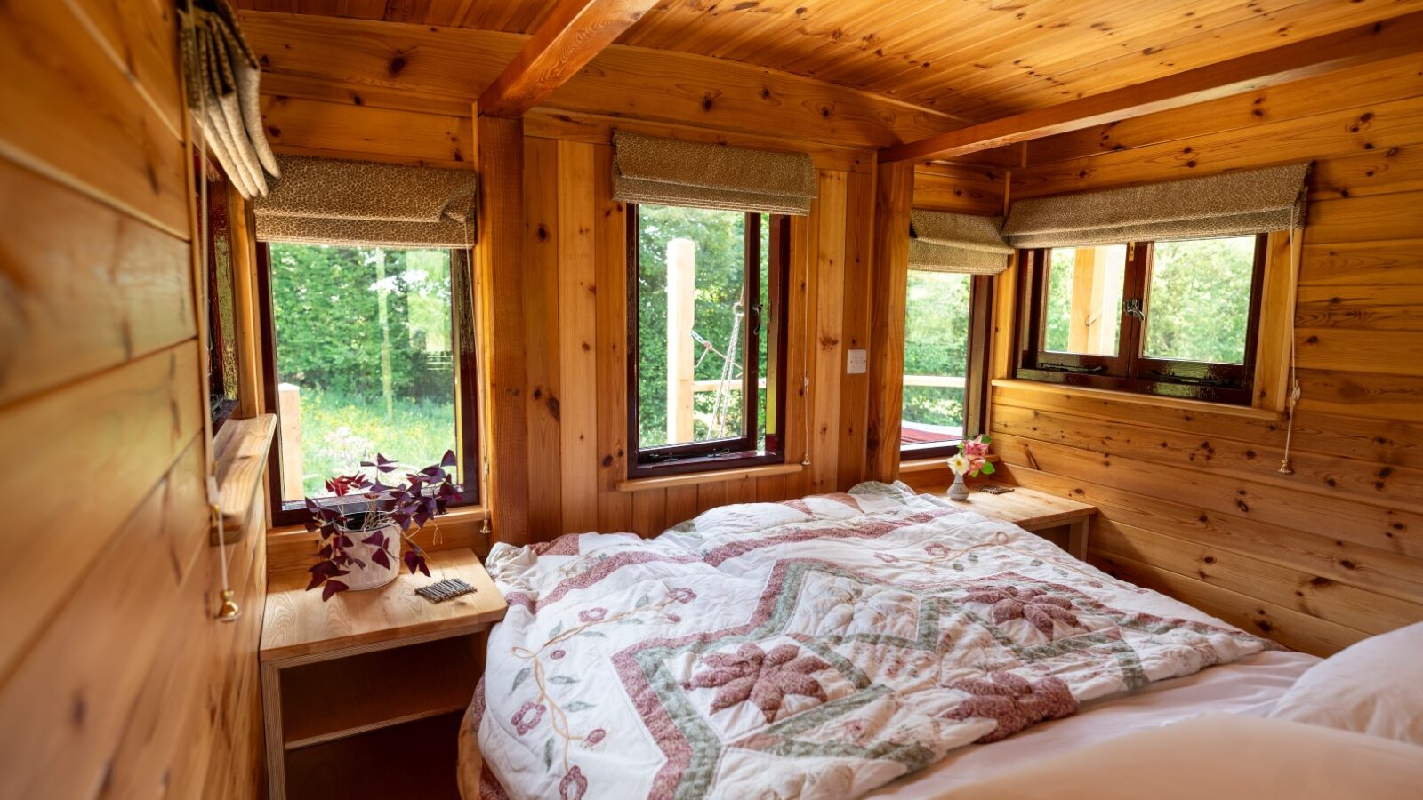 A cozy wooden bedroom in Cobnut Cabin with a large bed covered in a floral-patterned quilt. The room, part of the Ritty Retreats cabin rental, features multiple windows with views of a green forest outside, a small bedside table with a potted plant, and warm wood-paneled walls and ceiling.