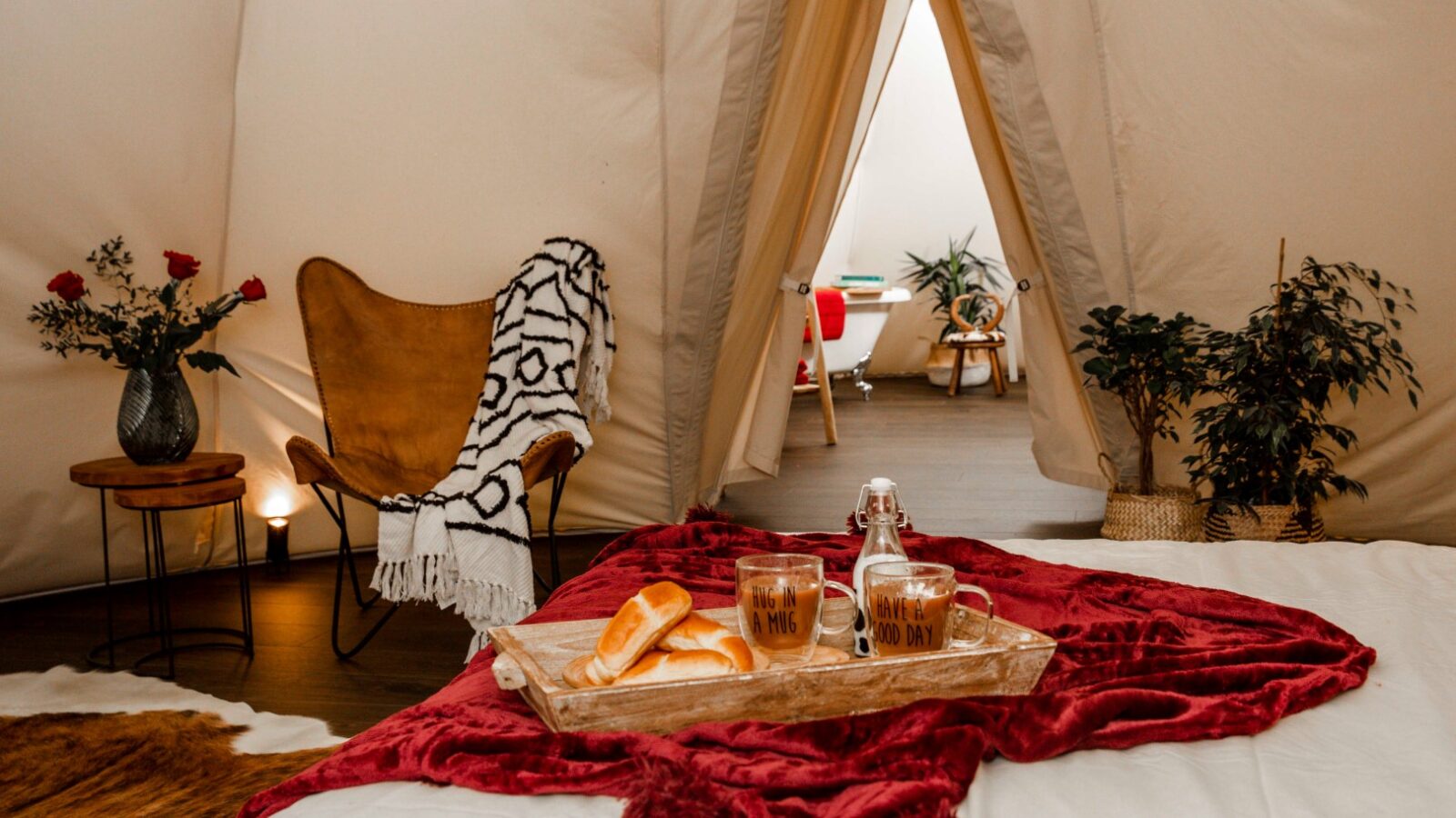 A cozy HARTA wellness retreat glamping tent featuring a bed with a red blanket, a wooden tray with croissants and tea, a leather lounge chair draped in a black-and-white patterned blanket, and nearby plants, red roses in a vase, and a rustic wooden lamp.