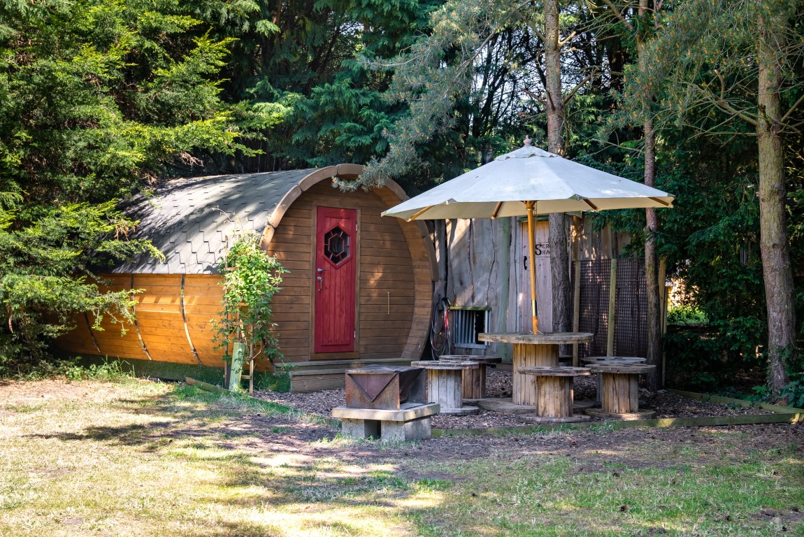 A cozy, barrel-shaped wooden cabin with a red door is nestled among the tall trees of Lahtle Wood. Adjacent to the cabin is a rustic outdoor seating area with wooden benches and a table under a large umbrella, creating a serene and inviting glamping atmosphere in the forest.