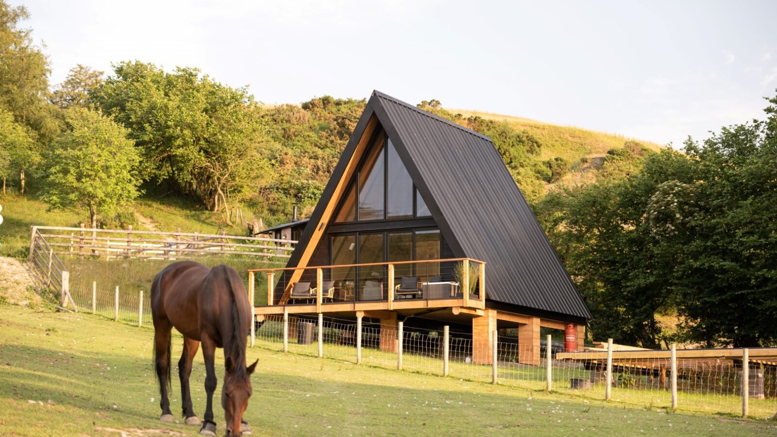 A-frame lodge with large windows and a balcony nestled on a grassy hillside. A brown horse grazes in the foreground while trees and a fence surround the area. Under the clear sky, this picturesque scene feels like something out of a Sigrid song.