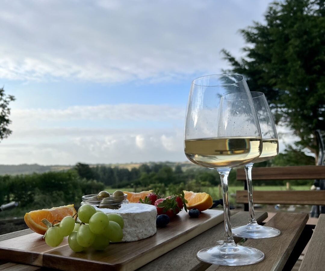 A wooden table set outdoors at The Perch with two glasses of white wine. A wooden platter features green grapes, orange slices, strawberries, and a round piece of brie cheese. In the background, there are trees and a scenic, cloudy blue sky.