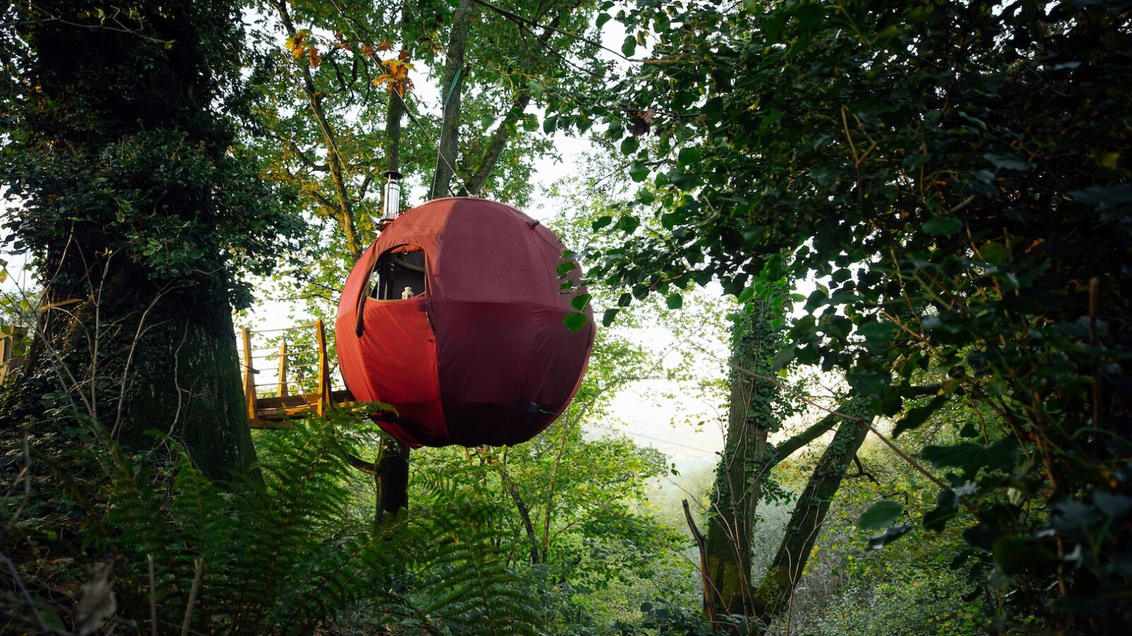 A spherical red treehouse, reminiscent of the innovative Tree Tents at Pennard Hill, is suspended among lush green trees in a forest setting. A person looks out from a small window while wooden platforms and dense foliage form the background, with sunlight filtering through.