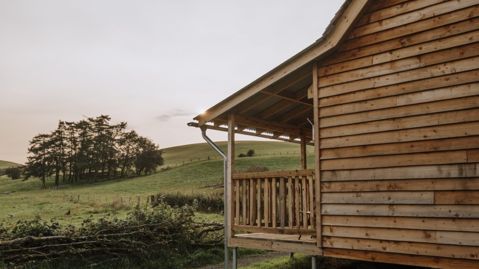 A small wooden cabin with a covered porch sits at the edge of a grassy field. Rolling hills and a cluster of trees are visible in the background under a cloudy sky, suggesting a peaceful and rural setting where woolly sheep might graze.