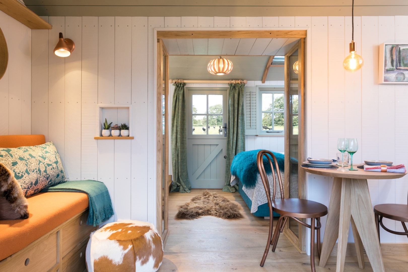 The luxury shepherd's hut living room at Dimpsey Glamping in Somerset