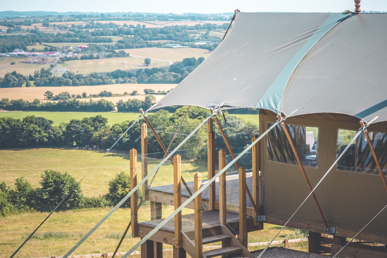 The Safari Tent at pennard Hill Farm in Somerset overlooking the Glastonbury Festival site