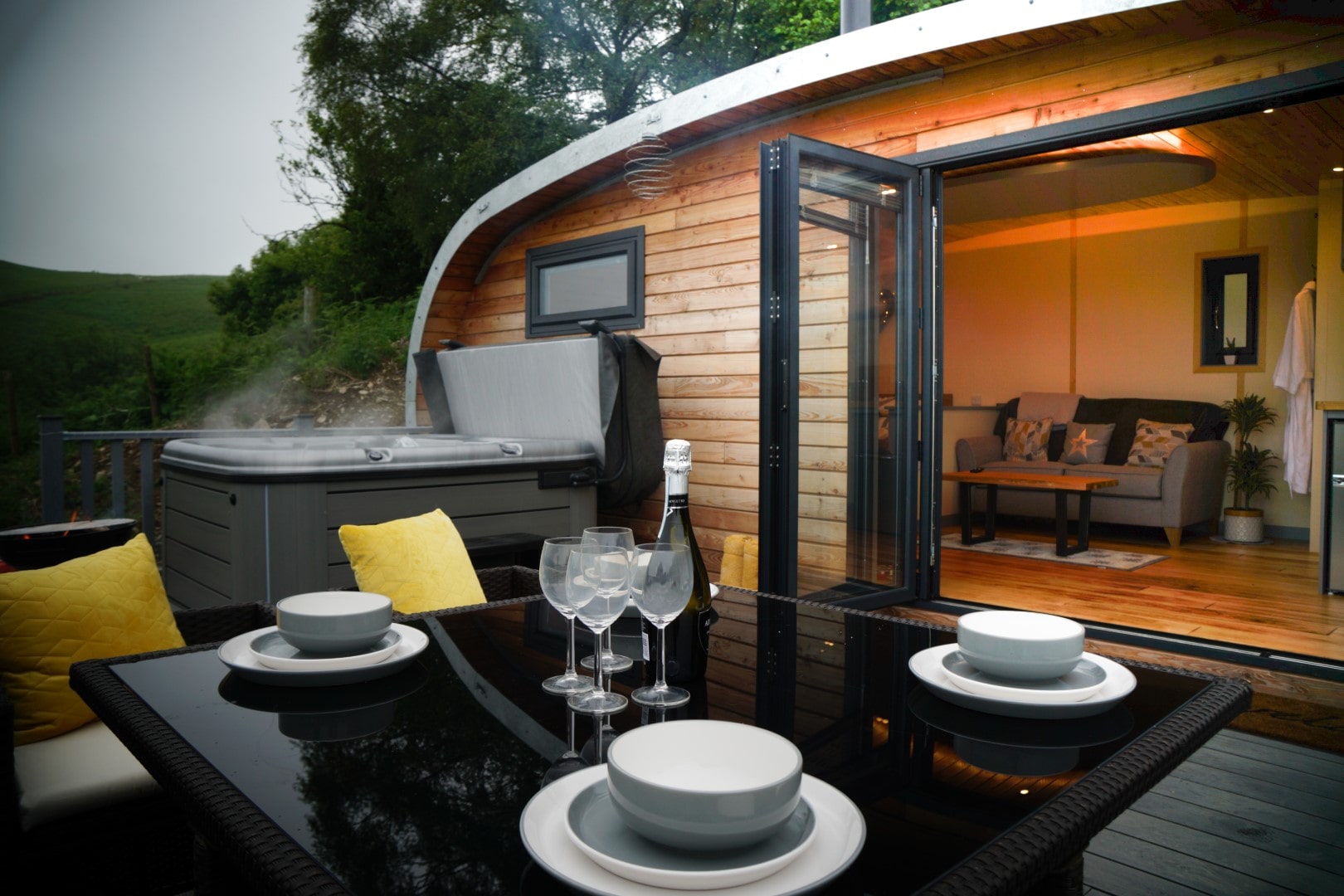 Bubbling hot tub at adults only UK holiday retreat Beacon View Pods in Mid Wales