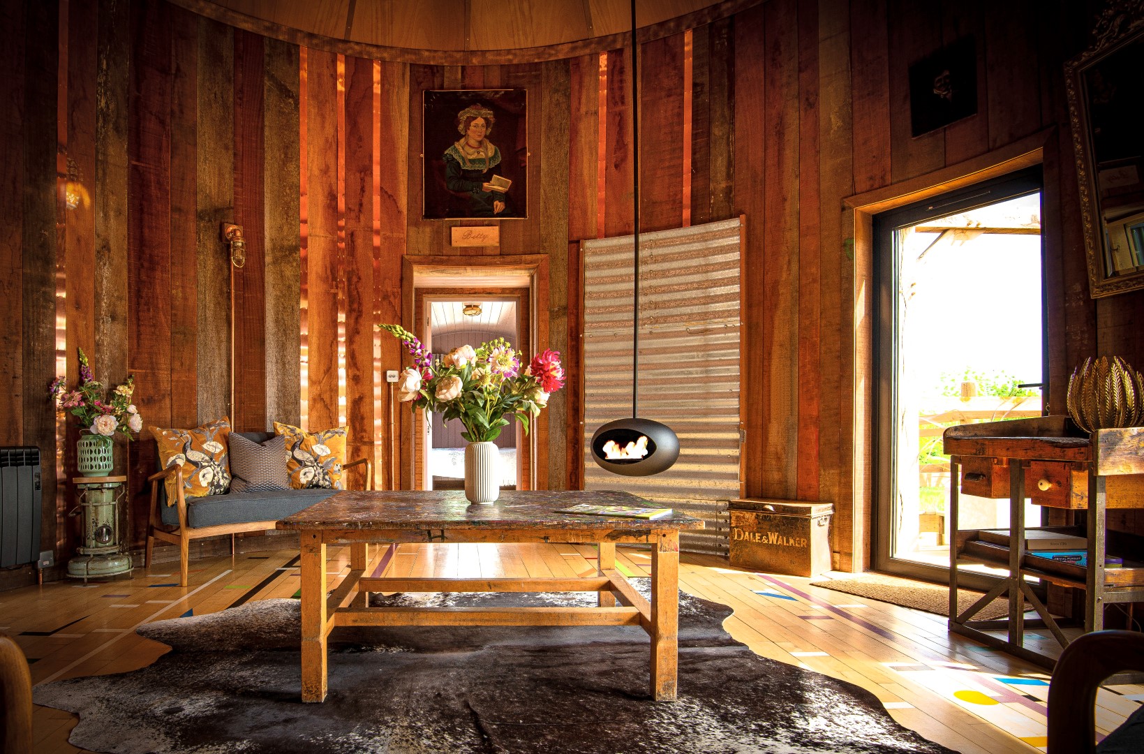 The unique interiors and hanging fireplace at Rocket Lodge in Rutland